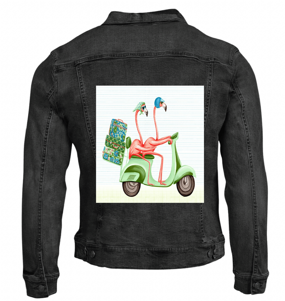 PINK FLAMINGOS RIDING A SCOOTER with background, by Amélie Legault custom denim jacket by DenimINK