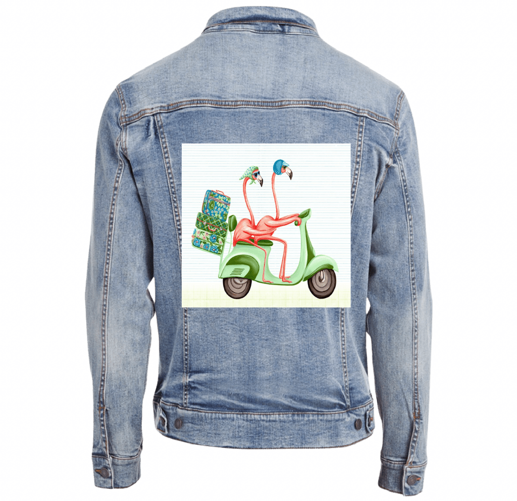 PINK FLAMINGOS RIDING A SCOOTER with background, by Amélie Legault custom denim jacket by DenimINK