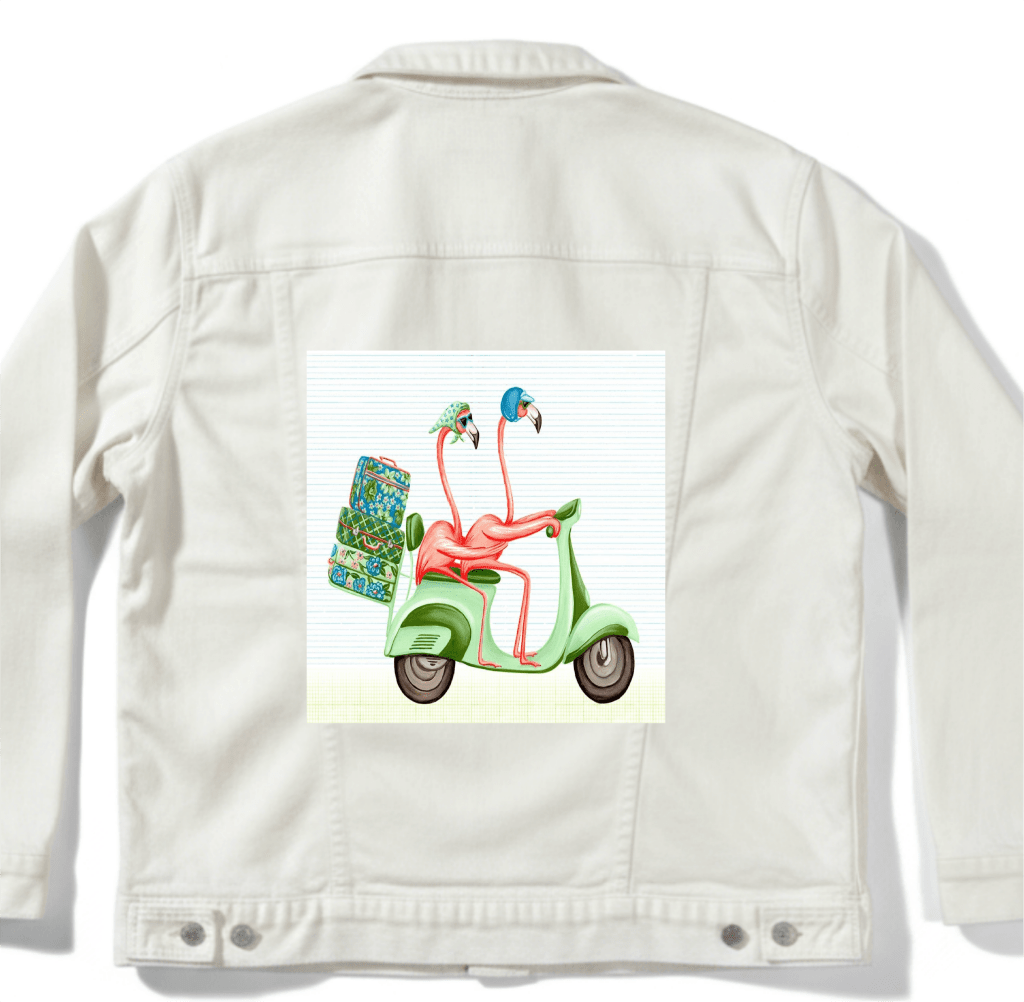 PINK FLAMINGOS RIDING A SCOOTER with background, by Amélie Legault custom denim jacket by DenimINK