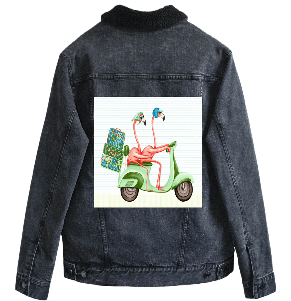 PINK FLAMINGOS RIDING A SCOOTER with background, by Amélie Legault custom denim jacket by DenimINK