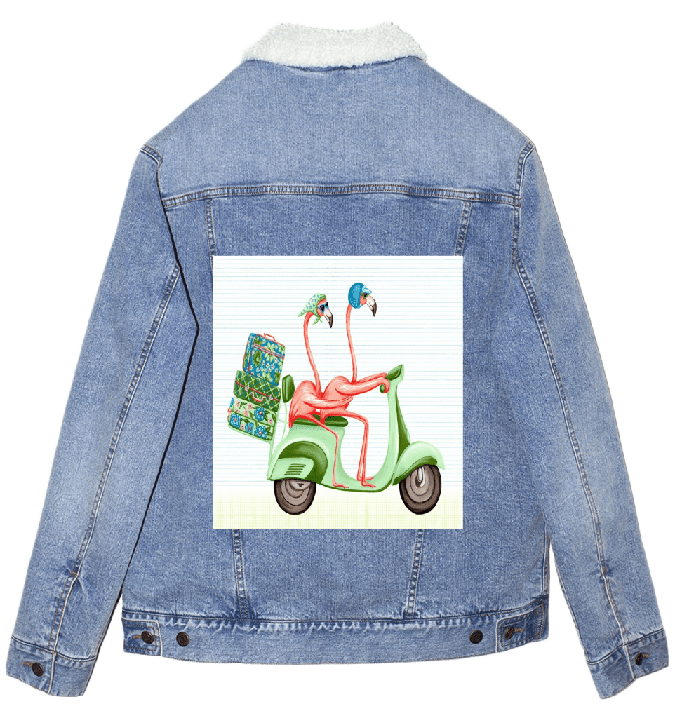 PINK FLAMINGOS RIDING A SCOOTER with background, by Amélie Legault custom denim jacket by DenimINK