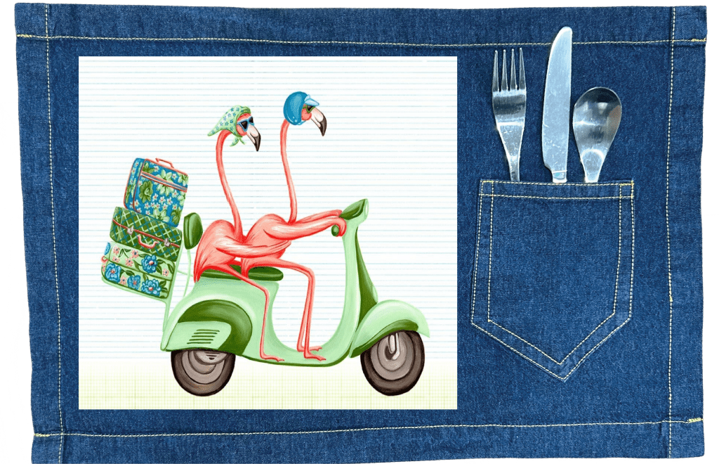 PINK FLAMINGOS RIDING A SCOOTER with background, by Amélie Legault custom denim jacket by DenimINK