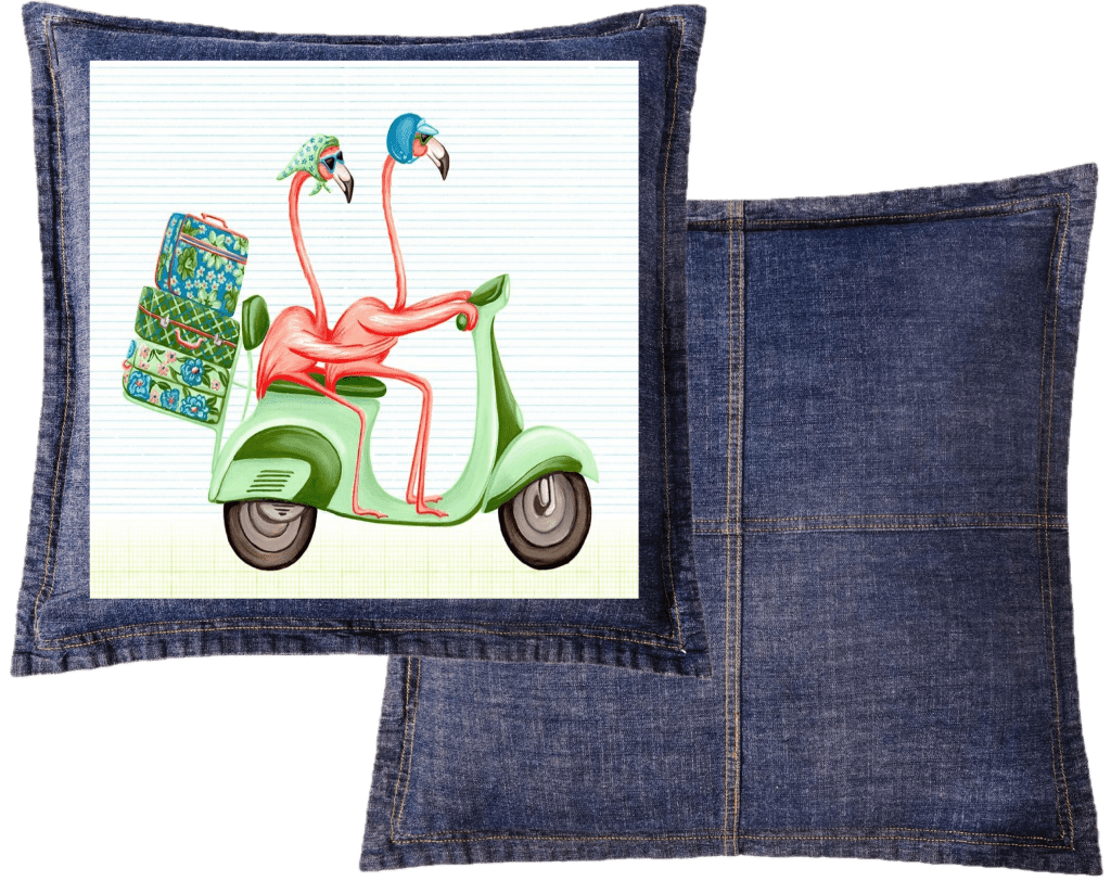 PINK FLAMINGOS RIDING A SCOOTER with background, by Amélie Legault custom denim jacket by DenimINK