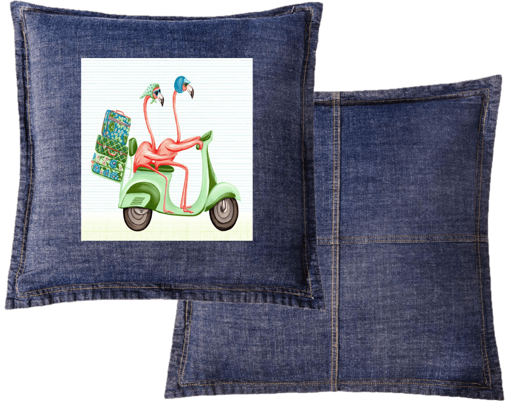 PINK FLAMINGOS RIDING A SCOOTER with background, by Amélie Legault custom denim jacket by DenimINK