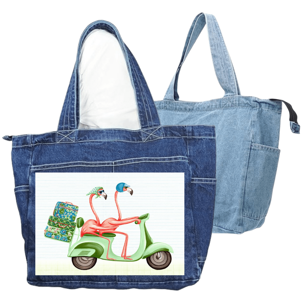 PINK FLAMINGOS RIDING A SCOOTER with background, by Amélie Legault custom denim jacket by DenimINK