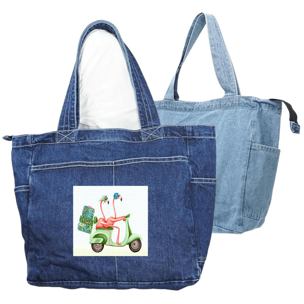 PINK FLAMINGOS RIDING A SCOOTER with background, by Amélie Legault custom denim jacket by DenimINK