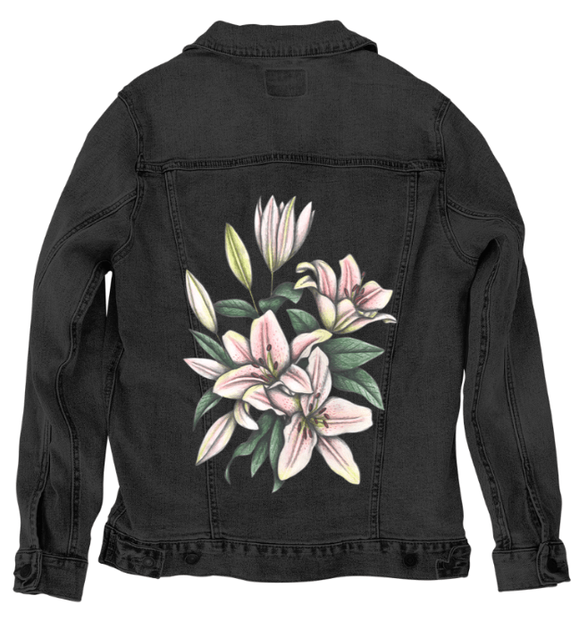 PINK LILIES by CECILIA BATTAINI, printed on denim jackets and other denim products: tote bags, throw pillows, table place mats, aprons