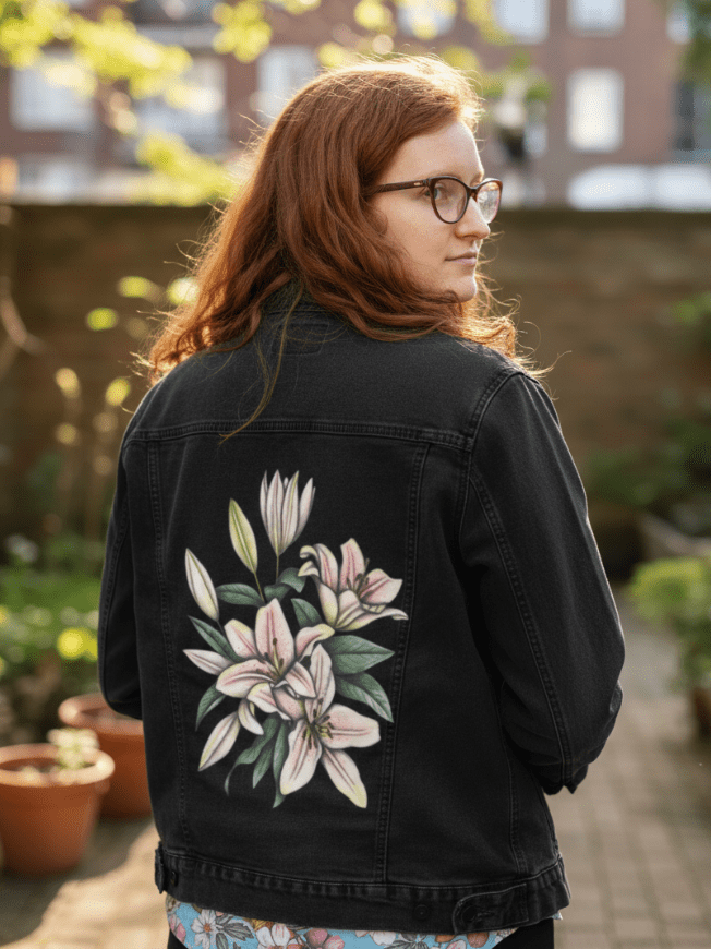 back view of a model walking along a city sidewalk outside a café, wearing a black denim jacket printed with softly rendered pink lilies, budding stems &amp; deep green leaves. the floral arrangement contrasts with the dark denim, adding bold elegance. the artwork “Pink Lilies” by Cecilia Battaini is digitally printed on the jacket’s back panel by DenimINK.