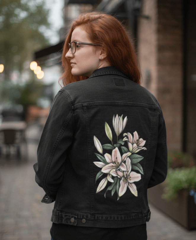 back view of a model standing on a sunlit brick patio surrounded by potted plants, wearing a black denim jacket printed with large, detailed pink lilies. the floral design shows multiple blossoms, buds & elongated green leaves cascading down the panel. the artwork “Pink Lilies” by Cecilia Battaini is digitally printed on the jacket’s back panel by DenimINK.