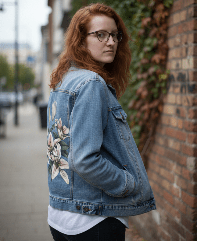 three-quarter back view of a model walking through a vibrant garden path surrounded by wildflowers, wearing a stonewashed denim jacket. the jacket’s back panel displays a cluster of soft pink lilies in full bloom with buds, long petals &amp; layered leaves. the artwork “Pink Lilies” by Cecilia Battaini is digitally printed on the jacket’s back panel by DenimINK.