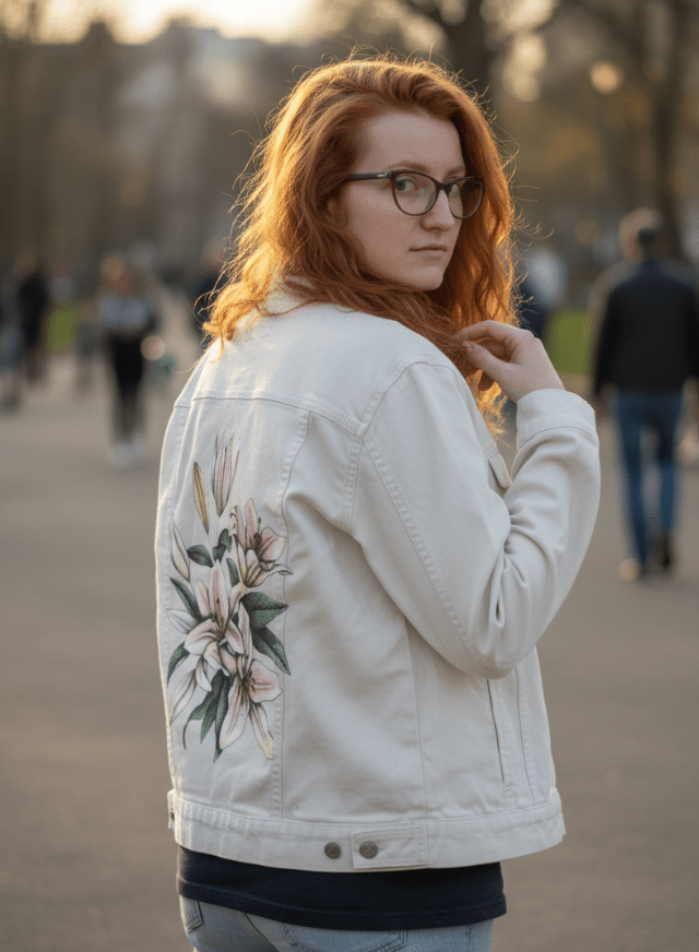 three-quarter rear view of a model walking through a public park at golden hour, wearing a white denim jacket featuring an elegant cluster of light pink lilies with open blossoms, long stems, &amp; soft green leaves. the artwork “Pink Lilies” by Cecilia Battaini is digitally printed on the jacket’s back panel by DenimINK.