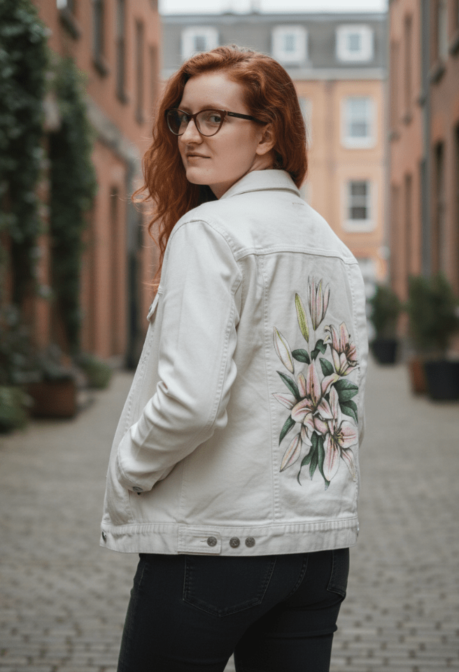 three-quarter rear view of a model standing in a narrow cobblestone alley, wearing a white denim jacket featuring softly illustrated pink lilies with pale buds, curved petals &amp; layered green leaves. the printed design stretches vertically along the back panel. the artwork “Pink Lilies” by Cecilia Battaini is digitally printed on the jacket’s back panel by DenimINK.