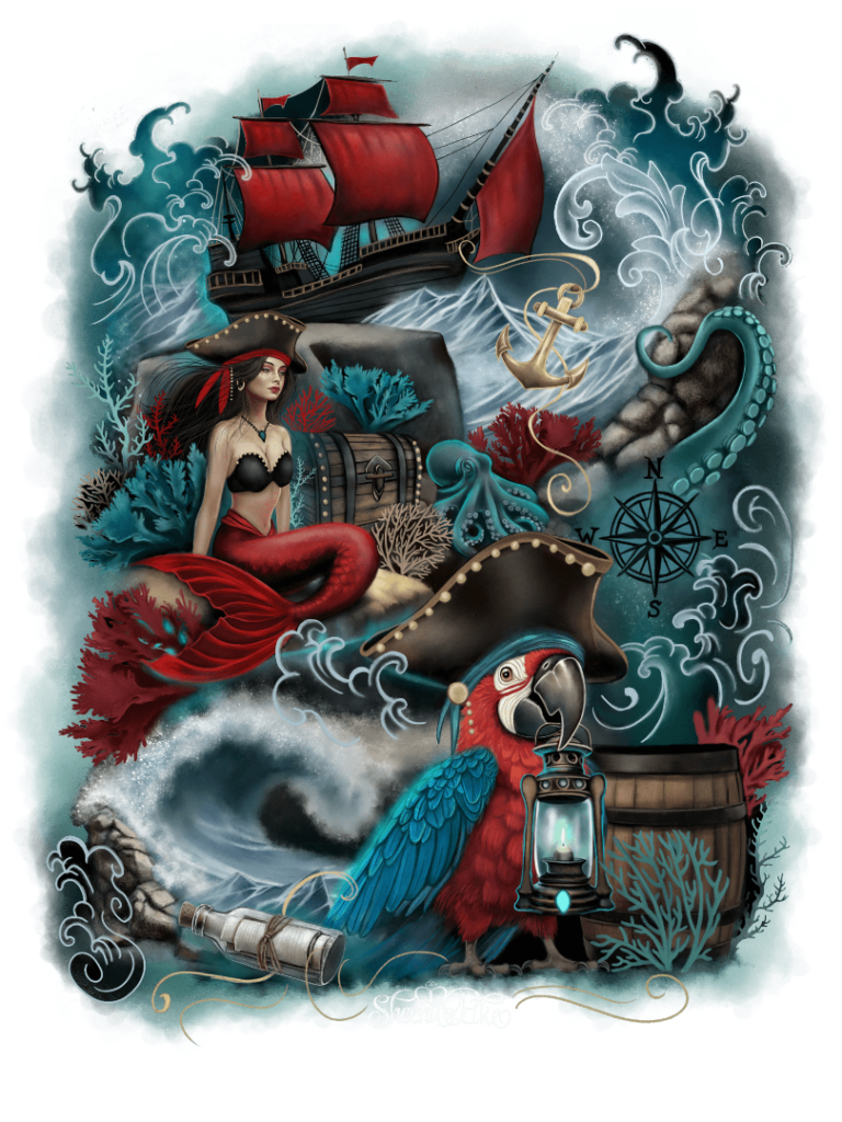 illustration of a fantasy pirate cove scene featuring a red-sailed pirate ship battling waves, a mermaid with a red tail seated on rocks wearing a black top and tricorn hat, and a colorful parrot holding a glowing lantern. an anchor, compass rose, treasure chest, barrel, scroll, octopus tentacle, coral, and crashing ocean waves surround the figures. swirling white sea foam and teal water frame the scene against a dark ocean background. this artwork is titled “Pirate Cove” and created by Sheena Pike