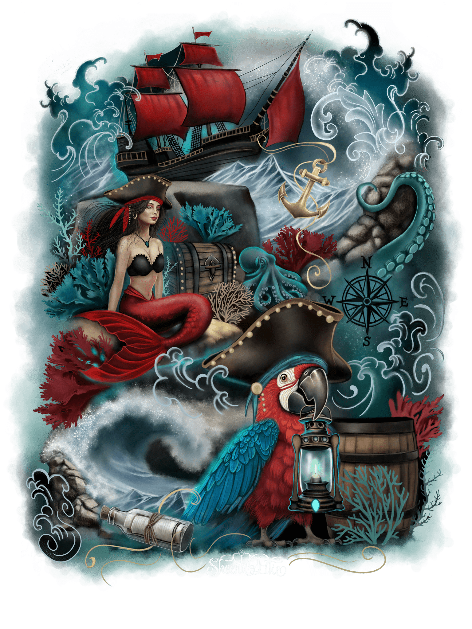 PIRATE COVE by SHEENA PIKE, printed on denim jackets and other denim products: tote bags, throw pillows, table place mats, aprons