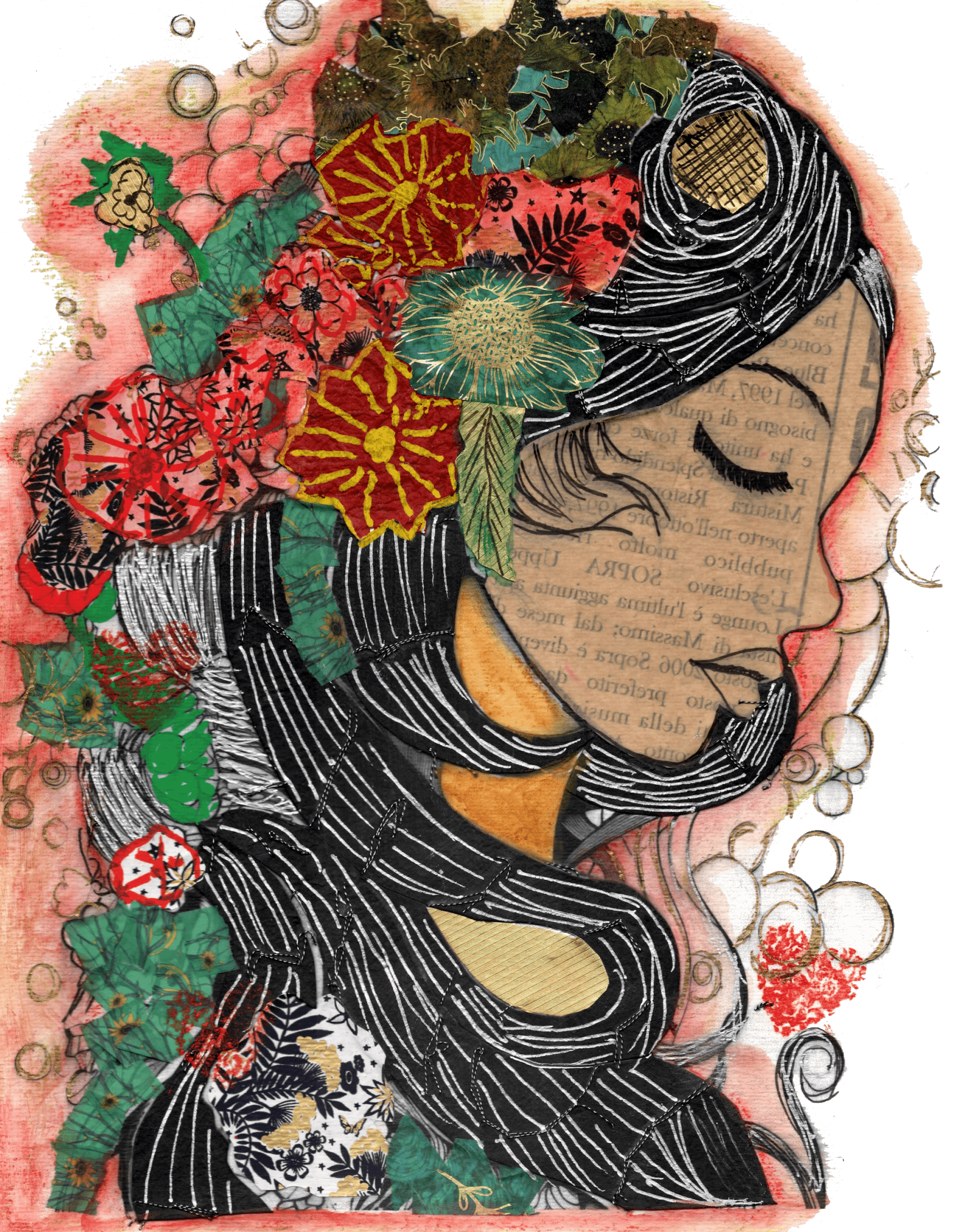 mixed-media illustration of a woman in profile with long flowing black hair accented by white ink lines, layered collage textures, and a crown of red, yellow, green, and teal flowers. her face includes faint printed text set against watercolor tones of peach, coral, and cream. additional decorative patterns and foliage surround the figure. this artwork is titled “Pretty Woman” and created by Canvas & Quotations (Monika Chugh and Alka Chopra)
