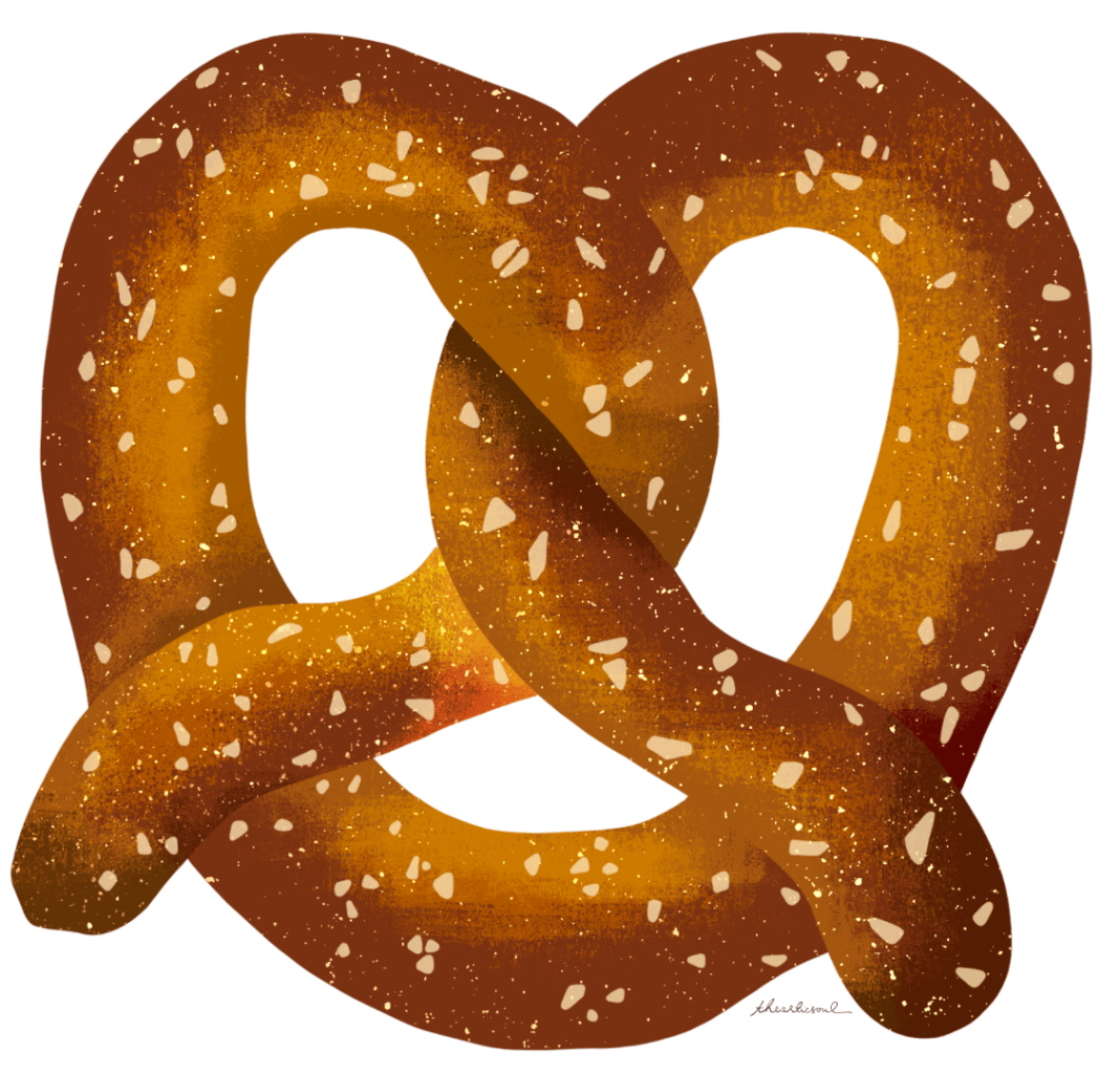 illustration of A single large soft pretzel shown front-facing, its dough twisted into a classic interlocking loop shape. the pretzel is rendered in warm golden-brown and deep amber tones with darker baked edges and lighter highlights along the curves. Coarse white salt crystals are scattered unevenly across the surface, varying in size and spacing. Subtle grain and speckled texture give the pretzel a baked, tactile appearance. The background is transparent with no visible ground or color field. "Pretzel"