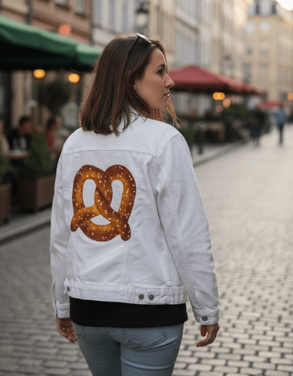PRETZEL by thearticsoul, printed on denim jackets and other denim products: tote bags, throw pillows, table place mats, aprons