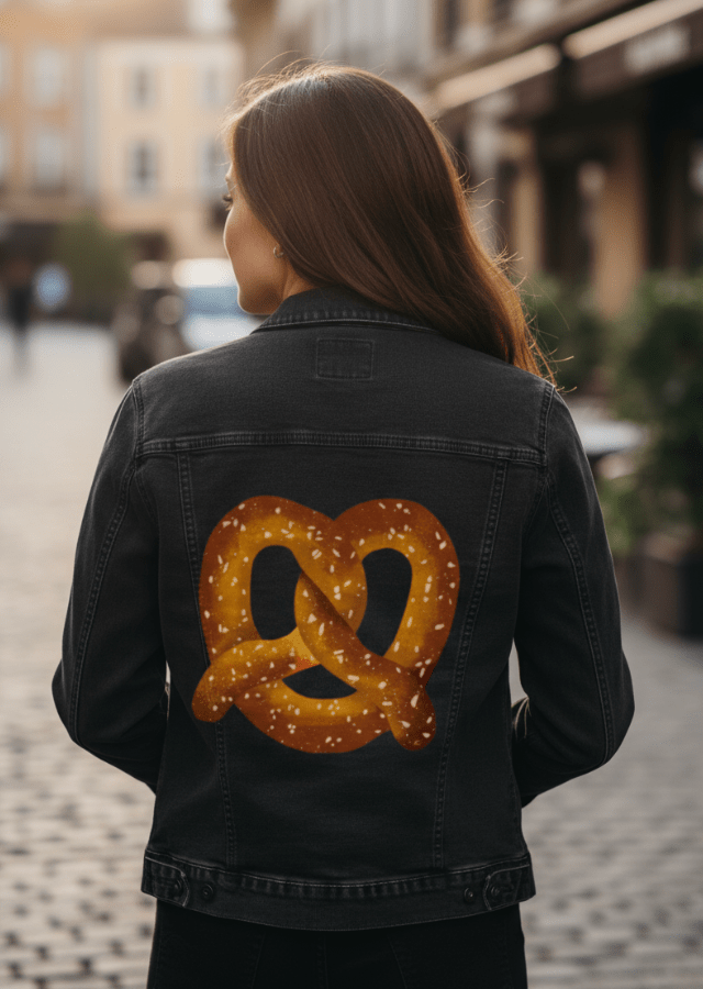 PRETZEL by thearticsoul, printed on denim jackets and other denim products: tote bags, throw pillows, table place mats, aprons