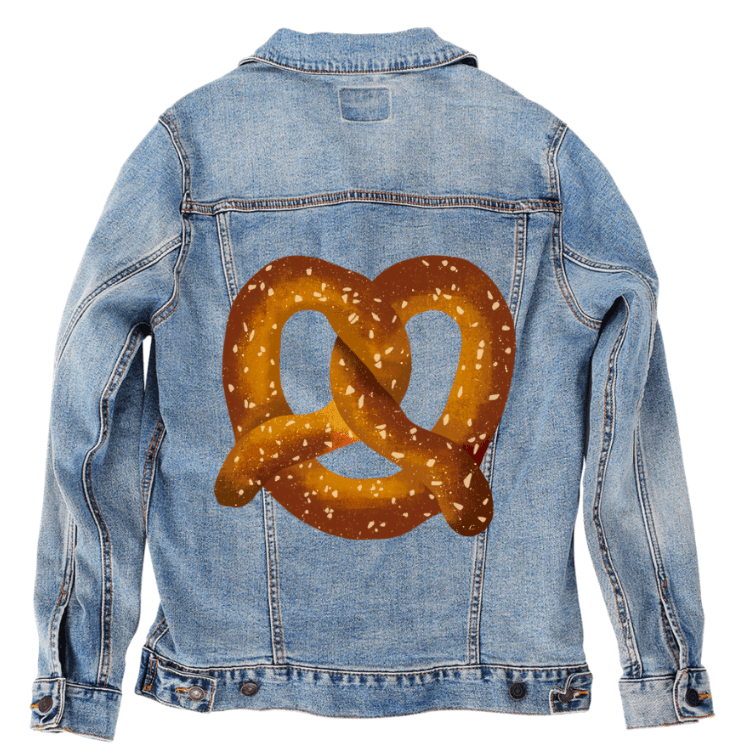 PRETZEL by thearticsoul, printed on denim jackets and other denim products: tote bags, throw pillows, table place mats, aprons