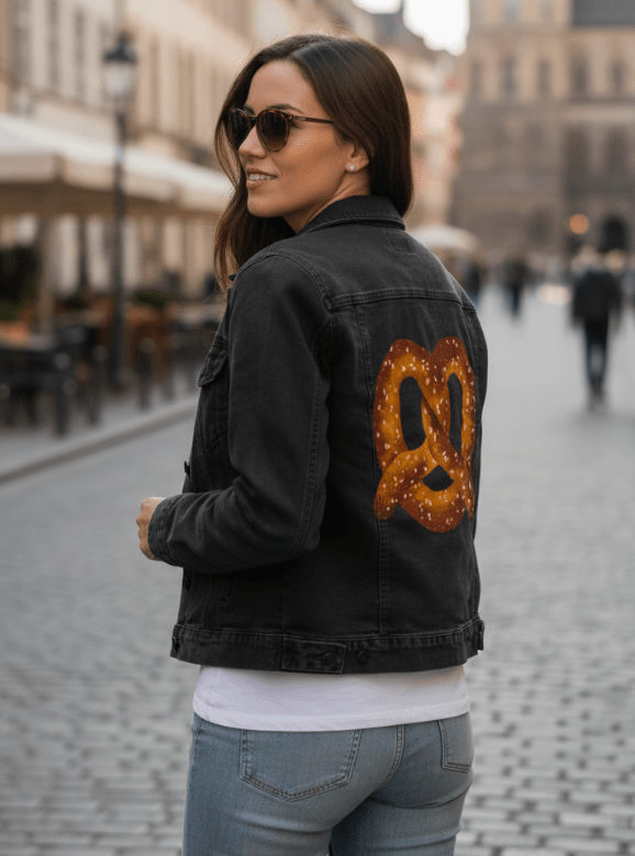 PRETZEL by thearticsoul, printed on denim jackets and other denim products: tote bags, throw pillows, table place mats, aprons