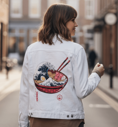 Printed Denim Jacket GREAT RAMEN WAVE by VINCENT TRINID, digitally printed on DENIM products: throw pillows, aprons, table place mats, and hand-crafted Unisex Denim Jackets in 3 color choices