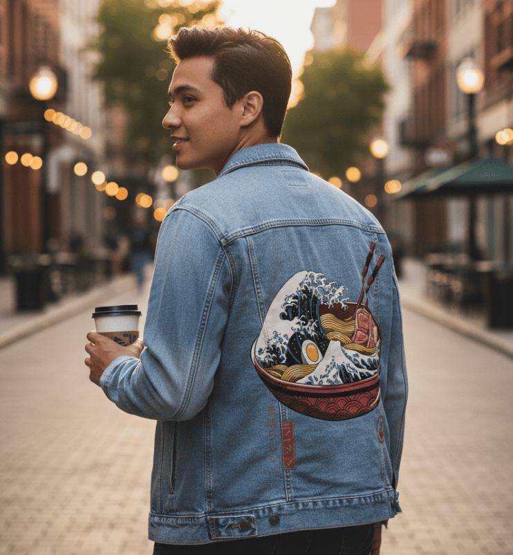 Printed Denim Jacket GREAT RAMEN WAVE by VINCENT TRINID, digitally printed on DENIM products: throw pillows, aprons, table place mats, and hand-crafted Unisex Denim Jackets in 3 color choices
