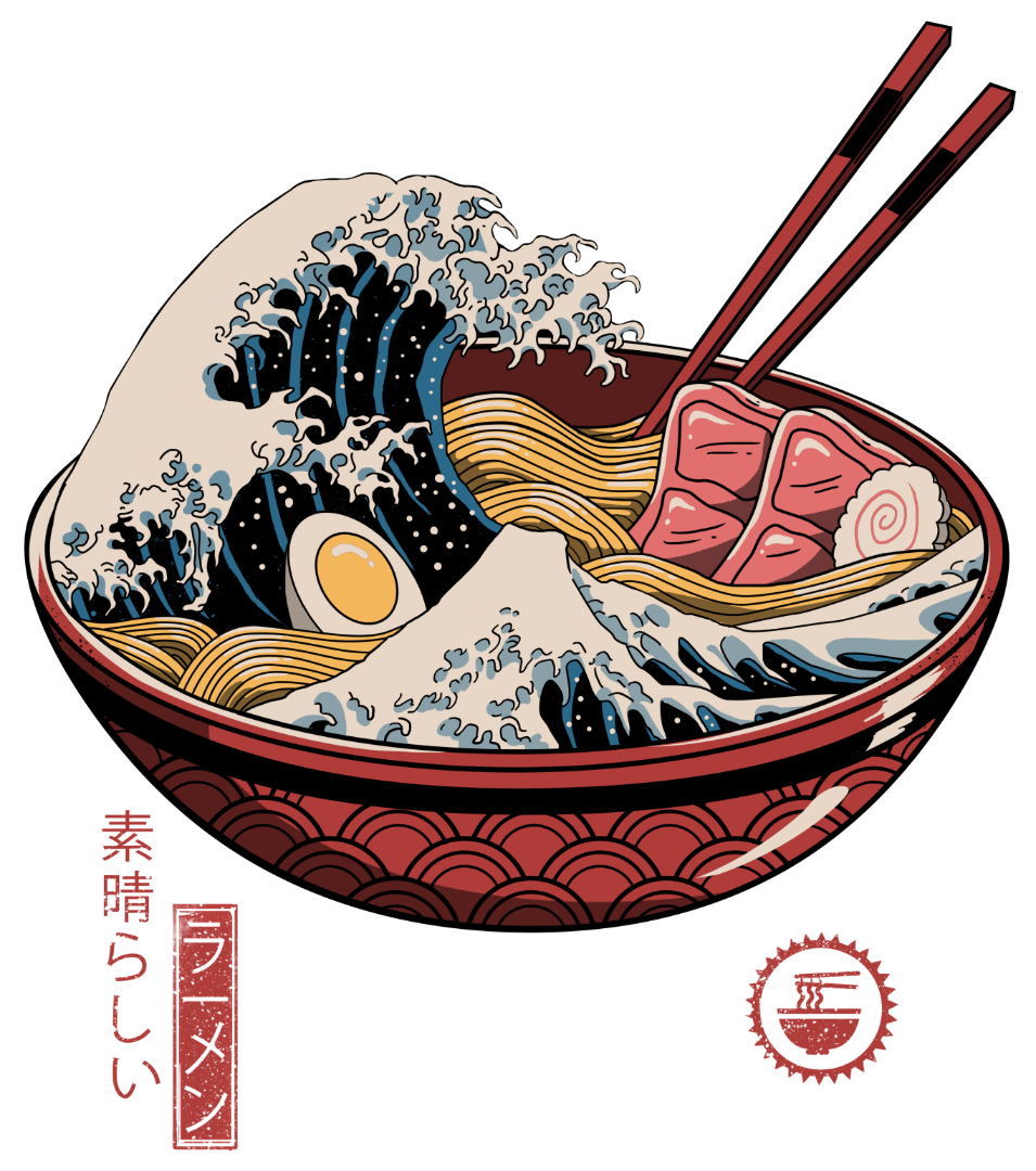 Printed Denim Jacket GREAT RAMEN WAVE by VINCENT TRINID, digitally printed on DENIM products: throw pillows, aprons, table place mats, and hand-crafted Unisex Denim Jackets in 3 color choices