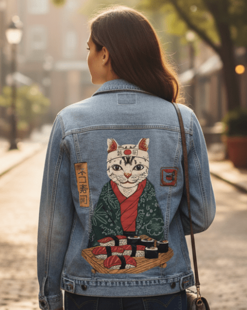 Printed Denim Jacket NEKO SUSHI BAR by VINCENT TRINIDAD, digitally printed on DENIM products: throw pillows, aprons, table place mats, and hand-crafted Unisex Denim Jackets in 3 color choices