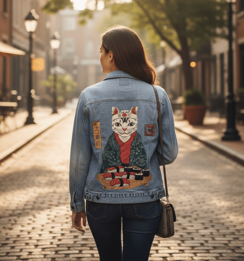 Printed Denim Jacket NEKO SUSHI BAR by VINCENT TRINIDAD, digitally printed on DENIM products: throw pillows, aprons, table place mats, and hand-crafted Unisex Denim Jackets in 3 color choices