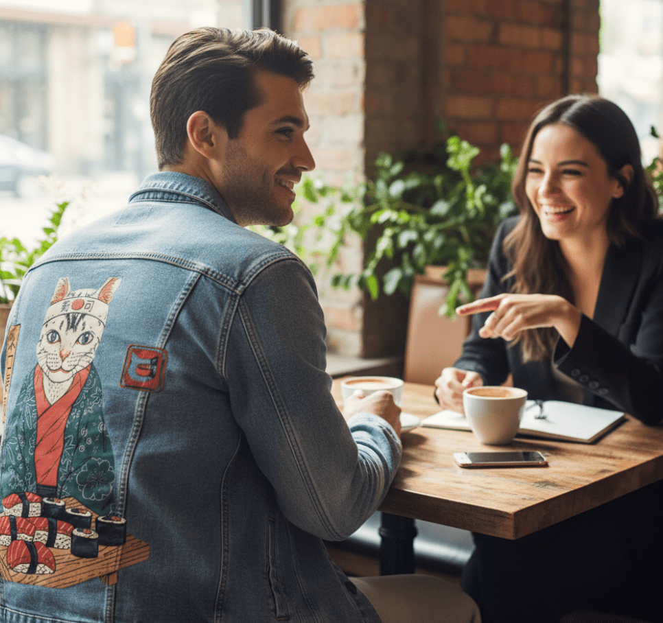 Printed Denim Jacket NEKO SUSHI BAR by VINCENT TRINIDAD, digitally printed on DENIM products: throw pillows, aprons, table place mats, and hand-crafted Unisex Denim Jackets in 3 color choices