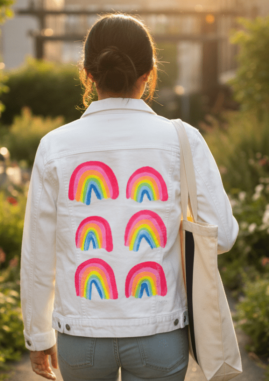 Printed Denim Jacket RAINBOW COLLECTION by CatCoq, digitally printed on DENIM products: throw pillows, aprons, table place mats, and hand-crafted Unisex Denim Jackets in 3 color choices
