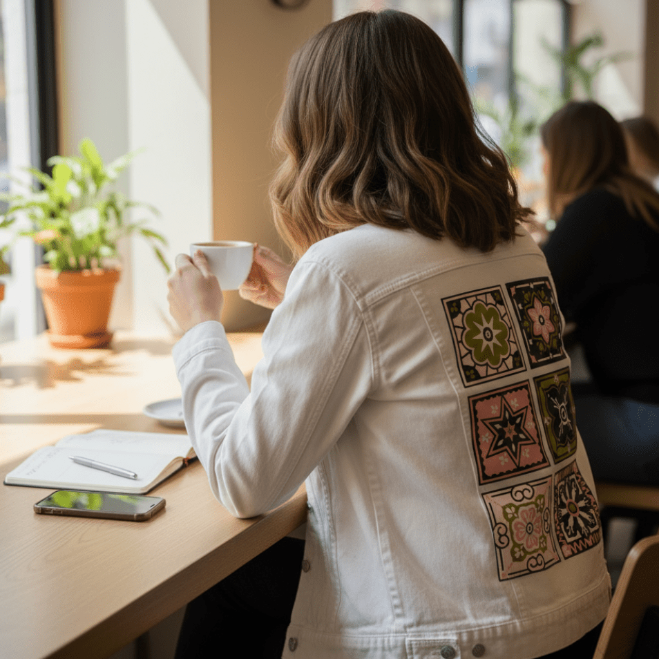 Printed Denim Jacket TALAVERA MEXICAN TILE by CatCoq printed by DenimINK on hand-crafted Denim Jackets &amp; other Denim products. 3 colors: Stonewash, White, Black. Unisex XS-3X. USA printed