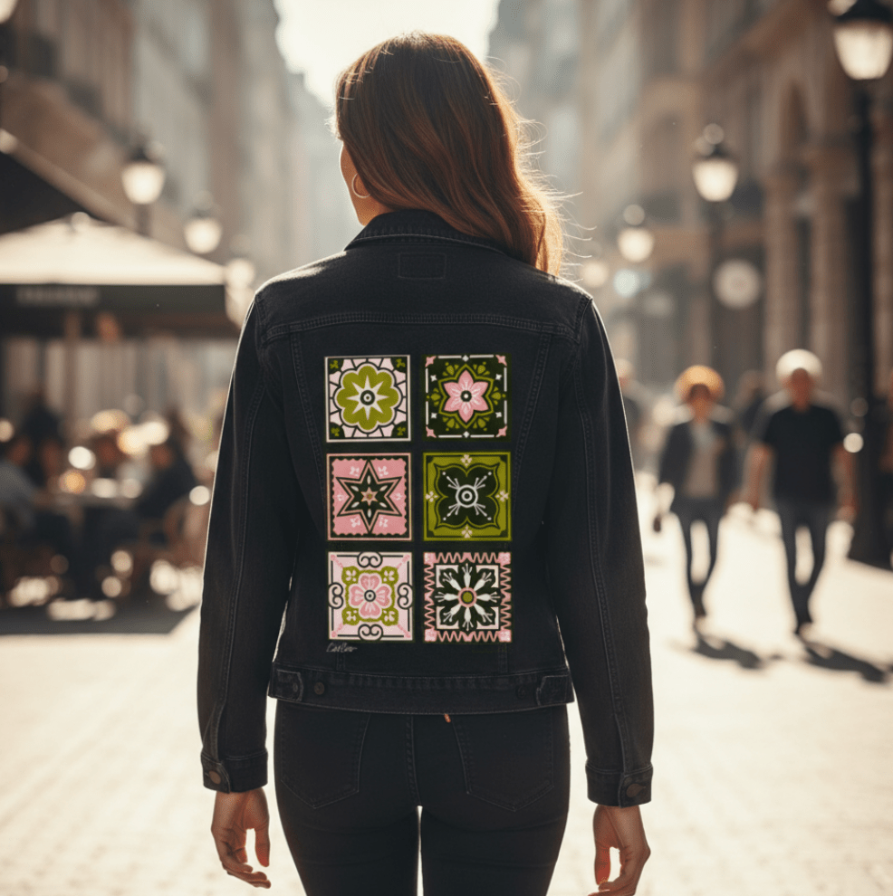 Printed Denim Jacket TALAVERA MEXICAN TILE by CatCoq printed by DenimINK on hand-crafted Denim Jackets &amp; other Denim products. 3 colors: Stonewash, White, Black. Unisex XS-3X. USA printed