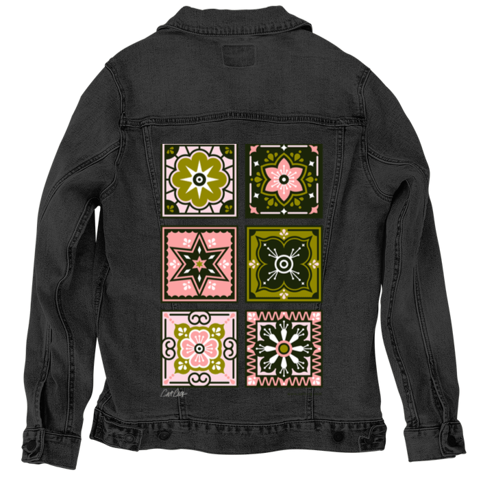 Printed Denim Jacket TALAVERA MEXICAN TILE by CatCoq printed by DenimINK on hand-crafted Denim Jackets &amp; other Denim products. 3 colors: Stonewash, White, Black. Unisex XS-3X. USA printed
