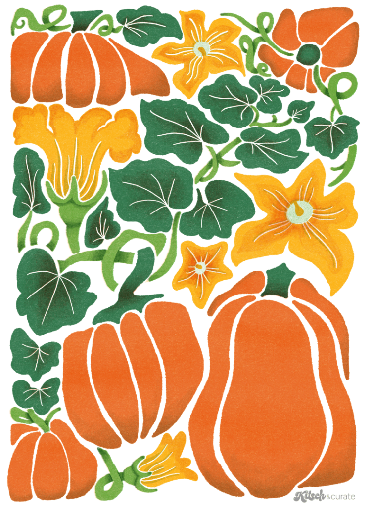 PUMPKIN by KITSCH AND CURATE, printed on denim jackets and other denim products: tote bags, throw pillows, table place mats, aprons