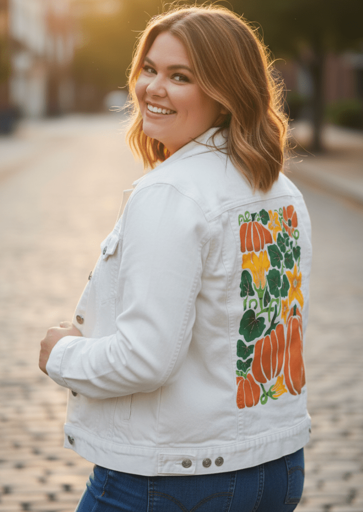 PUMPKIN by KITSCH AND CURATE, printed on denim jackets and other denim products: tote bags, throw pillows, table place mats, aprons