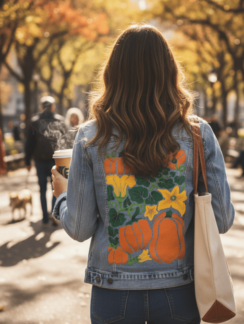 PUMPKIN by KITSCH AND CURATE, printed on denim jackets and other denim products: tote bags, throw pillows, table place mats, aprons