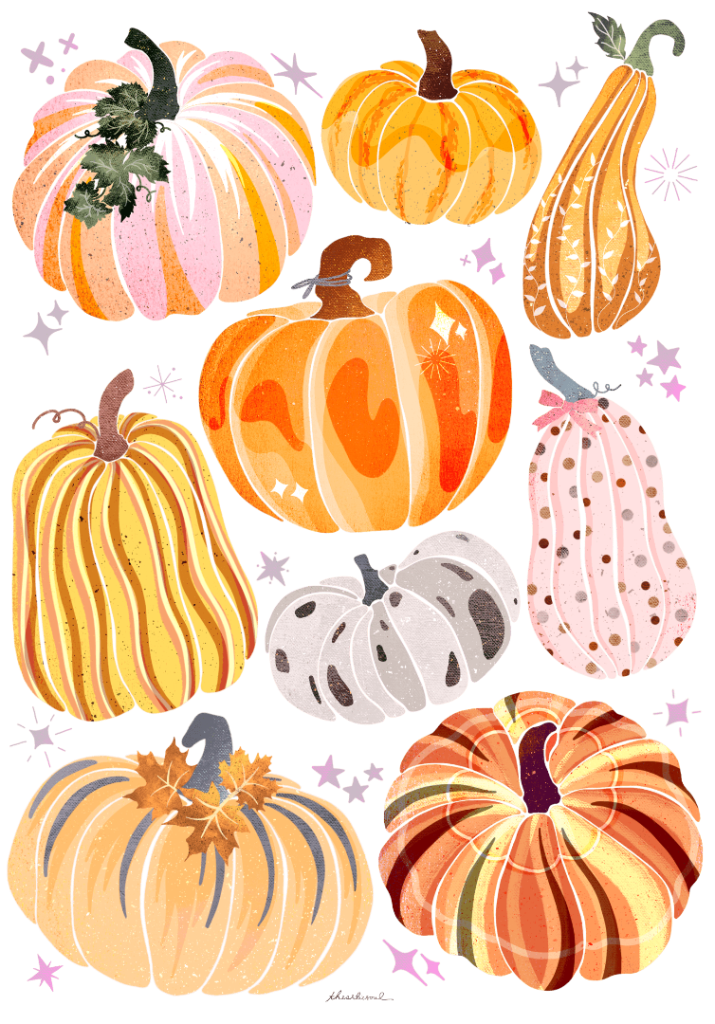 illustration of Multiple decorative pumpkins &amp; gourds arranged across open space, each rendered in soft autumn colors including peach, orange, yellow, cream, blush pink, &amp; muted gray. The pumpkins vary in shape &amp; size, with ribbed surfaces, curved stems, &amp; layered painted textures featuring dots, stripes, &amp; subtle speckling. Small star &amp; sparkle shapes in pale pink &amp; cream are scattered between the pumpkins. Background is transparent with no visible ground or color field. "Pumpkin Galore" by thearticsoul