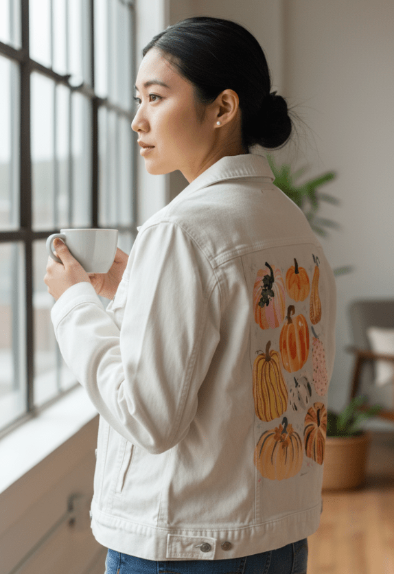 PUMPKINS GALORE by thearticsoul, printed on denim jackets and other denim products: tote bags, throw pillows, table place mats, aprons