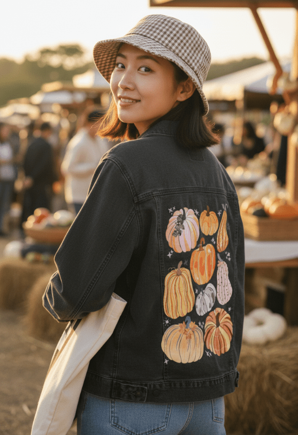 PUMPKINS GALORE by thearticsoul, printed on denim jackets and other denim products: tote bags, throw pillows, table place mats, aprons