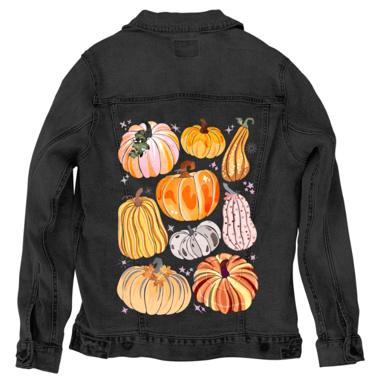 PUMPKINS GALORE by thearticsoul, printed on denim jackets and other denim products: tote bags, throw pillows, table place mats, aprons