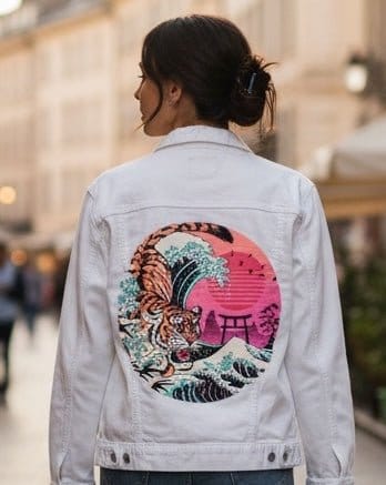 RAD TIGER WAVE by VINCENT TRINIDAD, digitally printed on DENIM products: throw pillows, aprons, table place mats, and hand-crafted Unisex Denim Jackets in 3 color choices