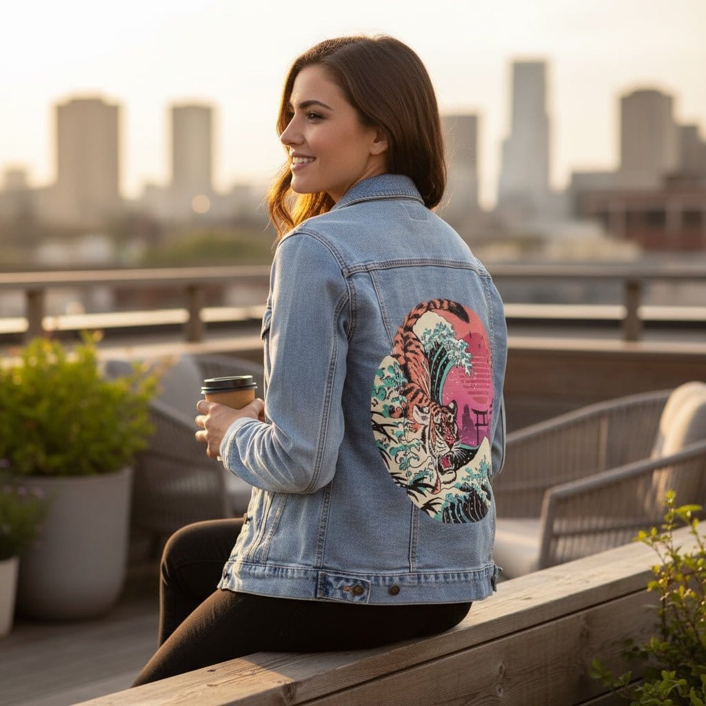 RAD TIGER WAVE by VINCENT TRINIDAD, digitally printed on DENIM products: throw pillows, aprons, table place mats, and hand-crafted Unisex Denim Jackets in 3 color choices
