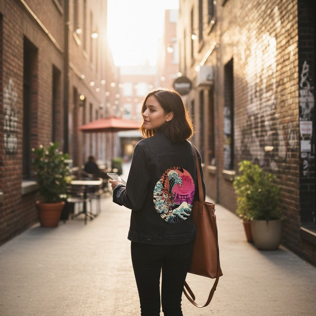 RAD TIGER WAVE by VINCENT TRINIDAD, digitally printed on DENIM products: throw pillows, aprons, table place mats, and hand-crafted Unisex Denim Jackets in 3 color choices