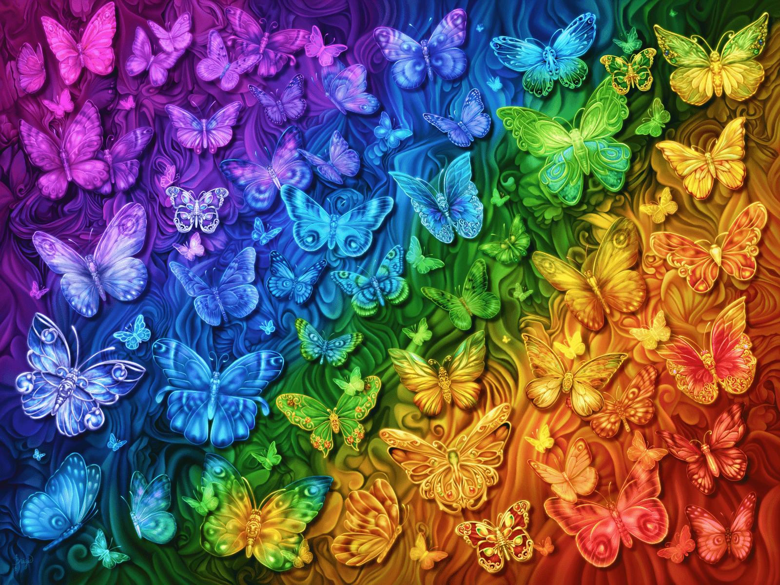 illustration of numerous butterflies rendered in detailed swirling patterns, arranged from left to right in a full rainbow gradient of purples, blues, greens, yellows, oranges, and reds. this artwork is titled “Rainbow Butterflies” and created by artist Brigid Ashwood