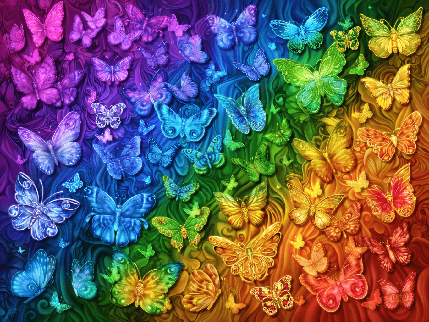 illustration of dozens of butterflies arranged across a flowing rainbow gradient that transitions from violet and purple through blue, green, yellow, orange, & red. the butterflies vary in size and wing shape, rendered in luminous, translucent colors that echo their surrounding hues, with decorative swirling wing patterns & glowing highlights. the background features sculpted, flowing color textures that feel carved or folded. this artwork is titled “Rainbow Butterflies” & created by artist Brigid Ashwood