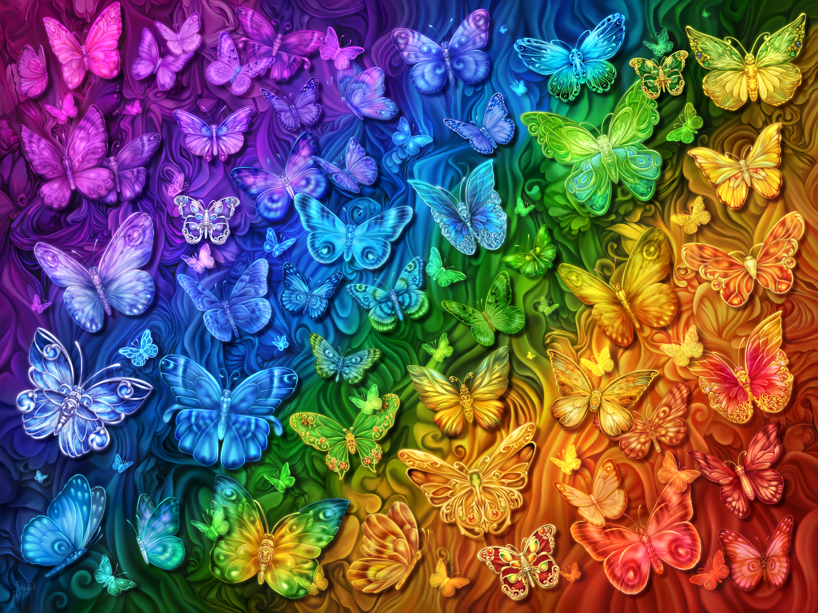 RAINBOW BUTTERFLIES by BRIGID ASHWOOD, digitally printed on DENIM products: throw pillows, aprons, table place mats, and hand-made Unisex Denim Jackets in 3 color choices