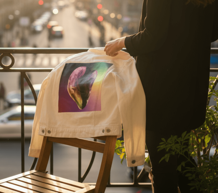 RAINBOW HEART by RaMir DESIGNS,printed by DenimINK on hand-crafted Denim Jackets and other denim products and other denim products: tote bags, throw pillows, table place mats, aprons