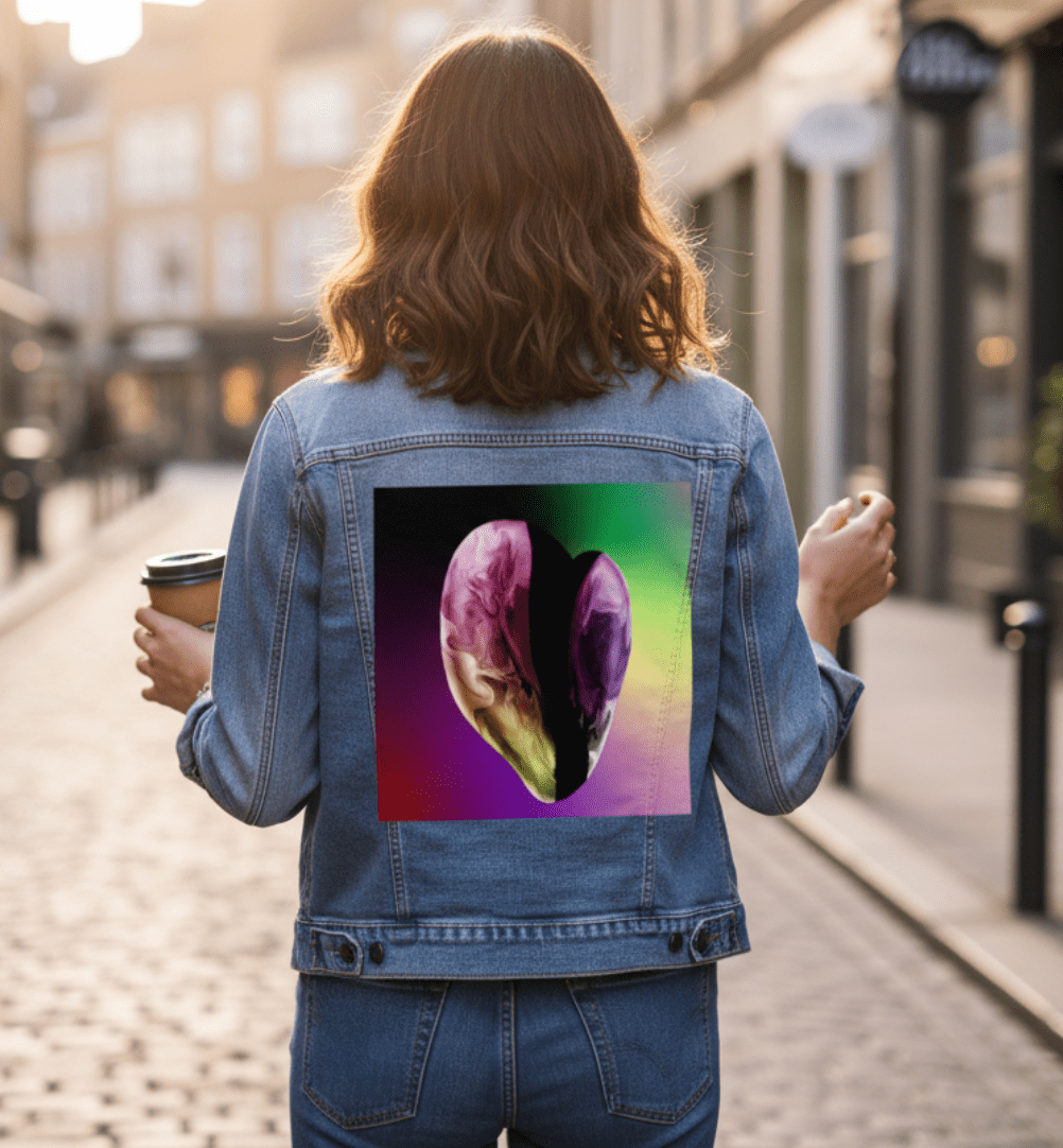RAINBOW HEART by RaMir DESIGNS,printed by DenimINK on hand-crafted Denim Jackets and other denim products and other denim products: tote bags, throw pillows, table place mats, aprons