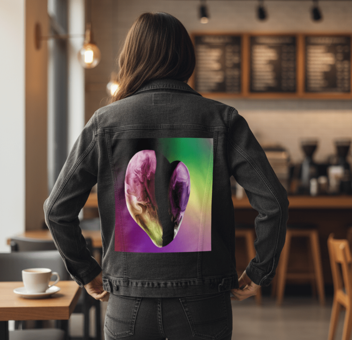 RAINBOW HEART by RaMir DESIGNS,printed by DenimINK on hand-crafted Denim Jackets and other denim products and other denim products: tote bags, throw pillows, table place mats, aprons